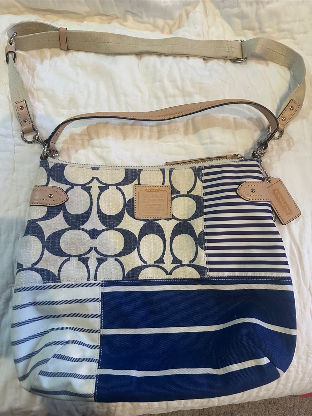 Coach Navy & Cream Patchwork Stripe Hobo Shoulder Bag